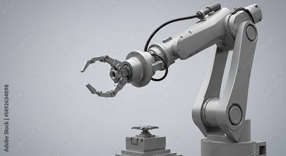 Poster metallic industrial robot arm with precision tools articulated on gradient light gray backdrop machi