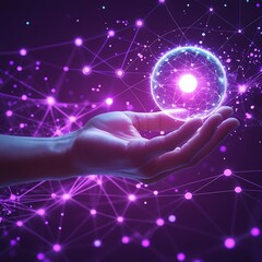 Futuristic Hand Holding Glowing AI Network Sphere with Digital Connections and Data Visualization. Ai gen