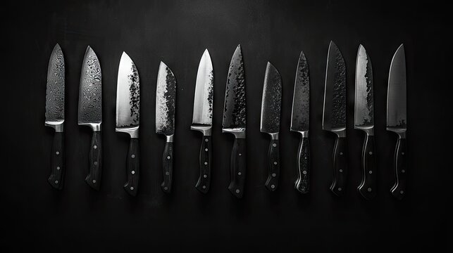 A collection of sharp kitchen knives arranged in a horizontal row.