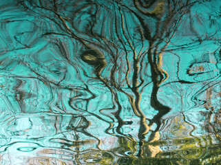 Blue water reflex background. Abstract reflection and abstract inspection elements in water. Nature elements distorted in the river. Rippled trees water texture. Disordered water surface.