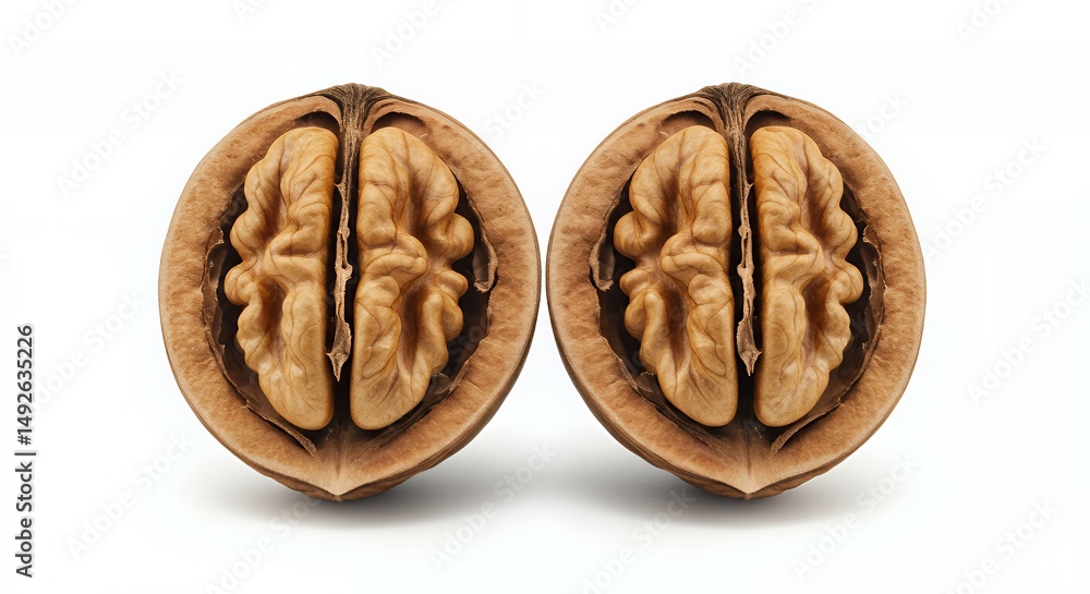 Poster meticulously halved walnut shells displaying symmetrical textures isolated on white background