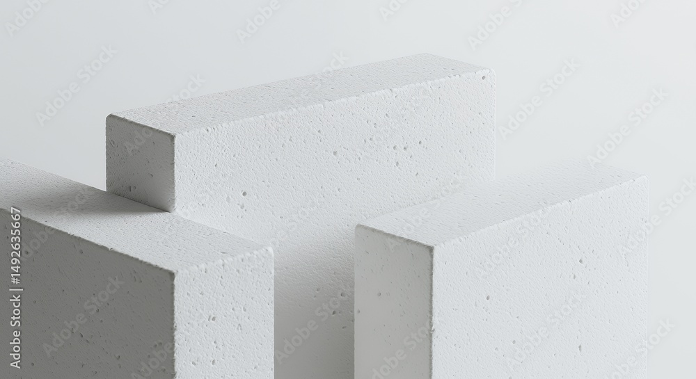 Poster minimalist three white geometric rectangular blocks arranged diagonally on white background creating