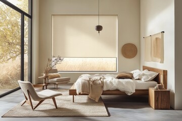 Neutral tones define a serene bedroom interior.