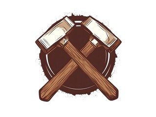 Vintage Style Woodworking Logo - Crossed Wooden Hammers on Log Background - Craftsmanship Icon with Retro Design & Artisan Emblem