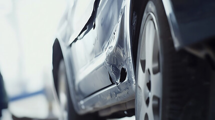 Naklejka premium Damaged vehicle side after an accident. Door panel is torn and the side is scratched. Car accident repair. Visible tire