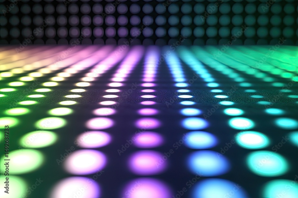 Poster a dimly lit staircase with vibrant. colorful light reflections illuminating the steps. creating a my