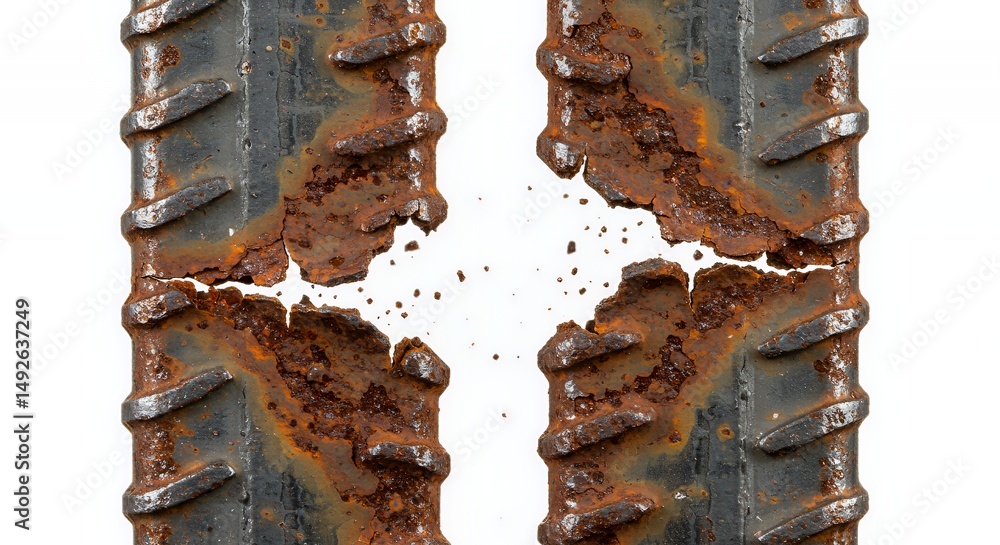 Poster parallel weathered metal bars with extensive rust and corrosion displaying textured scalloped edges 