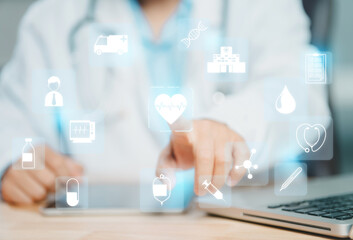 close up doctor pressing and medical icons. Trust and healthcare at checkup. Doctor hand working with modern medical icons