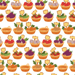 pattern of wicker baskets with various vegetables. The texture of flat color illustrations. Suitable for packaging, organic food advertising, cooking blogs, farm produce stores, and website design.