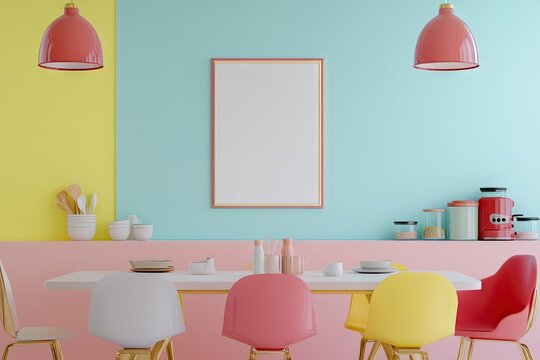 A modern dining room featuring a sleek white table set for a meal with elegant glassware. against a vibrant pink wall and a large empty frame. creating a stylish atmosphere for gatherings