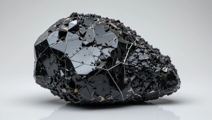 Shiny Black Crystal Mineral with Intricate Facets and Geometric Patterns on a Light Background