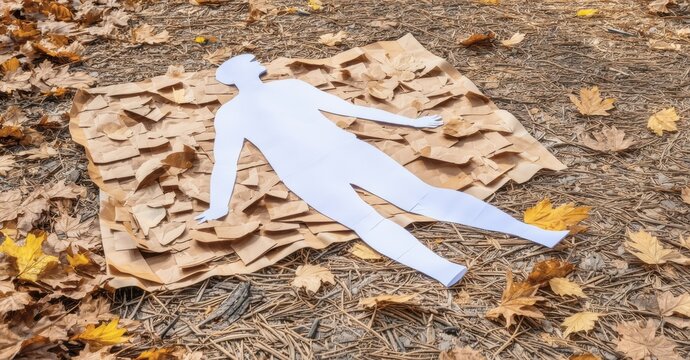 Crime scene outline visible on ground covered with autumn leaves. Investigation suggests possible foul play, evidence collection underway.