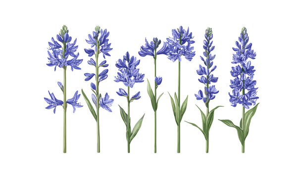 Camassia Blue Danube Camas flower vector illustration, isolated frontal view, perennial wildflower, garden botanical, nature floral design, cutout, decorative plant element, spring bloom.