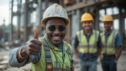 Smiling construction worker with helmet giving thumbs up at construction site with team members