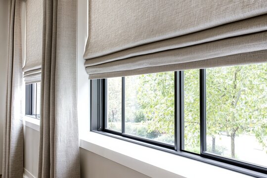Interior view of a window with light beige window coverings.