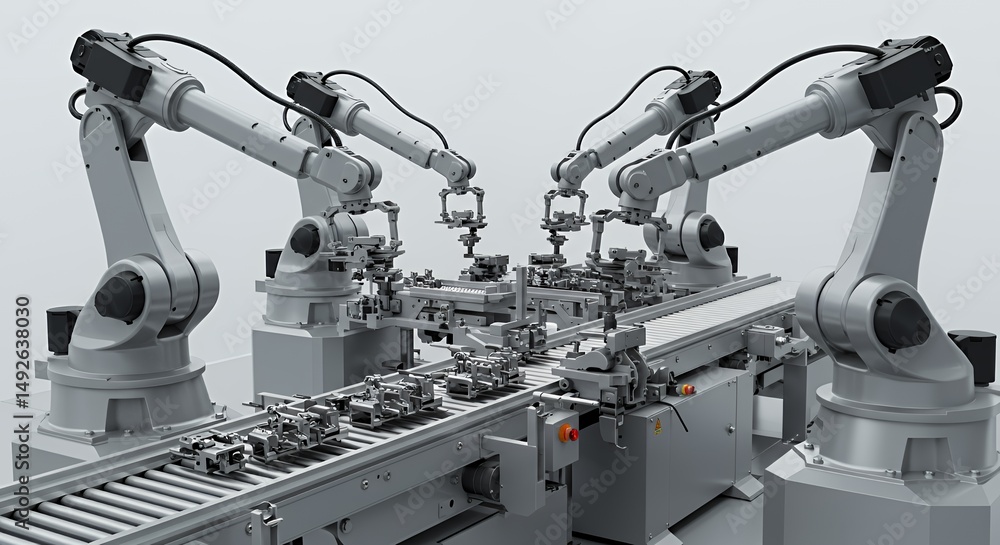 Poster precision robotic arms assembling mechanical components on conveyor belt isolated on white backgroun