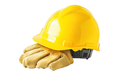 Yellow Construction Helmet with Gloves Isolated on PNG Transparent Background
