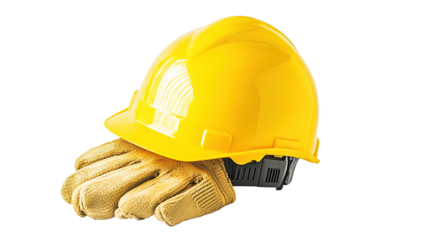 Yellow Construction Helmet with Gloves Isolated on PNG Transparent Background
