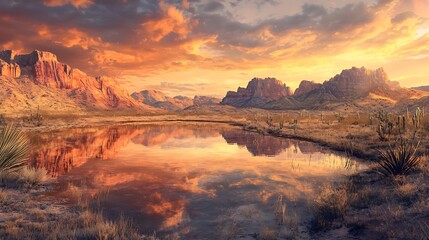 Dramatic sunset reflected in calm water body landscape