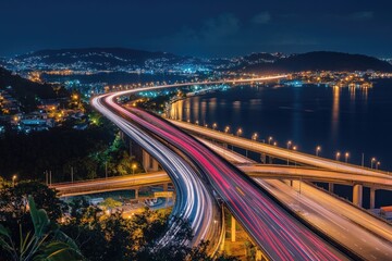 Fototapeta premium Night cityscape with illuminated highway interchange and coastal view