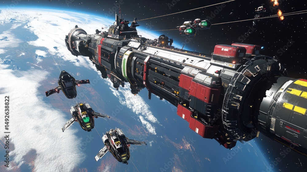 Poster a futuristic cruise ship gliding through space. surrounded by small spacecraft. showcasing an advanc
