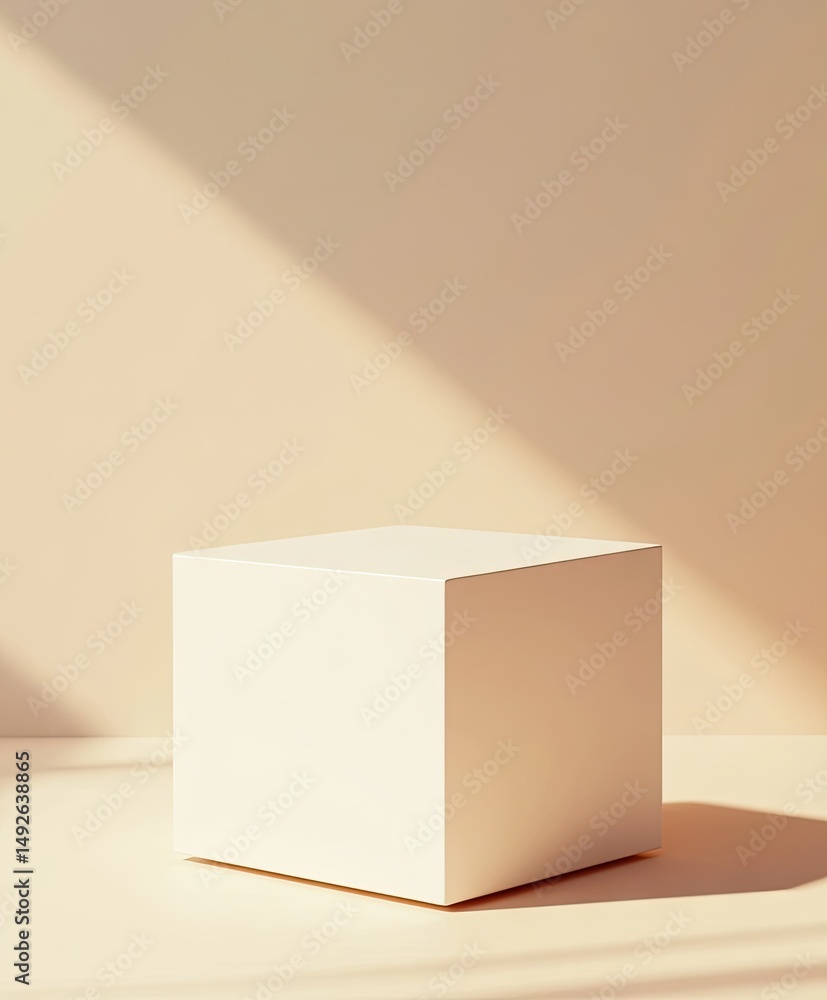 Poster a minimalist white cube stands in a softly lit room. casting gentle shadows on the wall. creating a 