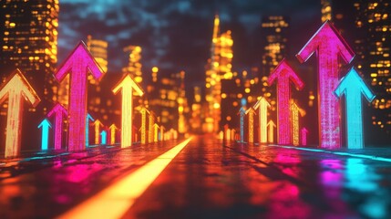 A vibrant neon cityscape featuring towering skyscrapers illuminated by colorful arrows pointing upwards. symbolizing growth and progress in a futuristic urban environment