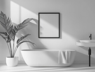Minimalist white bathroom with plant and frame