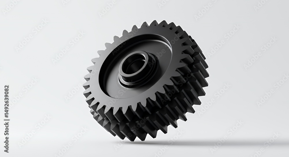 Poster rotating black gear with multiple cogs floating against white background perfect for illustrating me