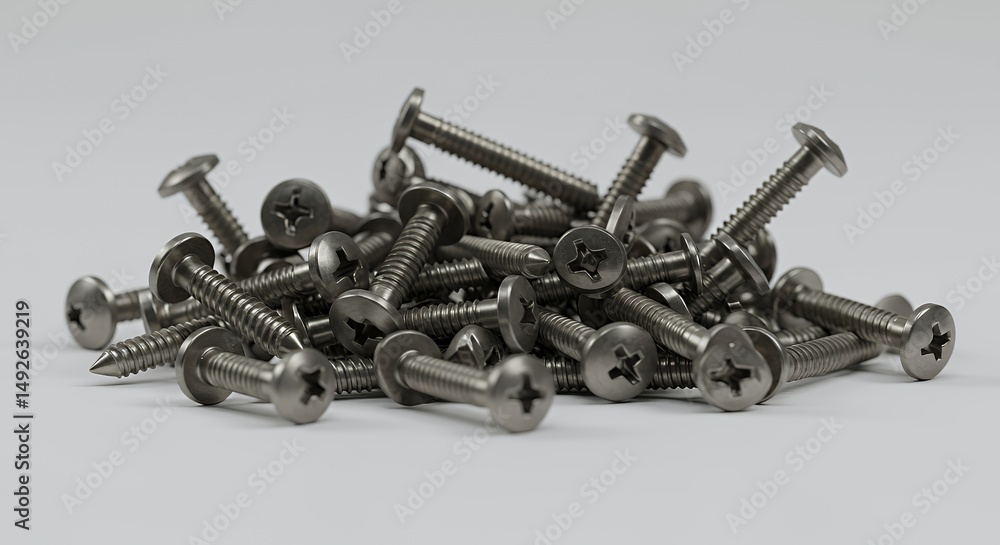 Poster scattering of shiny metal screws piled on clean white surface creating abstract composition in engin