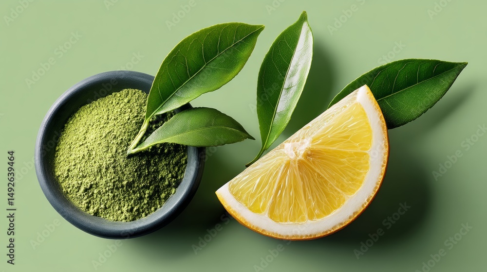 Poster bowl of green powder and a slice of lemon are placed on a green background. the lemon slice is posit