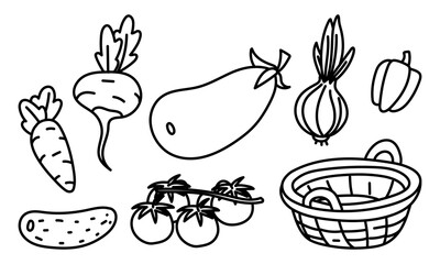 set of vegetables and a basket of doodle illustration. Monochrome image. Linear vegetables are suitable for making recipes, packaging, menus, and stickers in a farmer's or vegetarian style.
