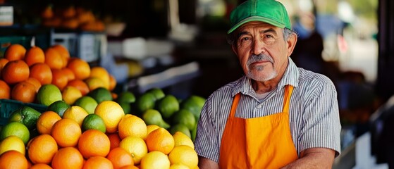 An elderly vendor in a green cap and orange apron stands proudly next to piles of fresh oranges and limes at an open market.