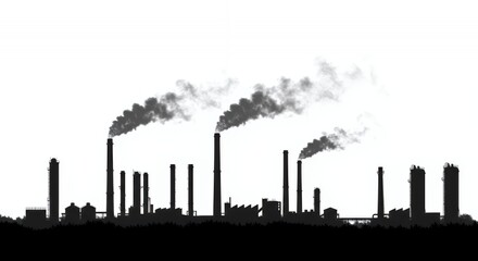 Silhouetted Industrial Landscape with Varying Factory Structures Chimney Heights and Simplified Tree Shapes Against a White Background