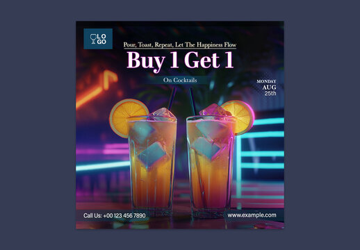 Cocktails Social Media Post to Let the Happiness Flow at Parties and Bar Events, Editable Design.