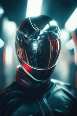 Fototapeta premium Futuristic Cyberpunk Helmet: Neon Lit, Reflective, High-Tech Sci-Fi Fashion.