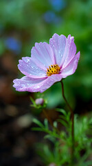 Fototapeta premium Close-up of pink cosmos flower with water droplets, delicate petals, yellow center, showcasing natural beauty and freshness, ideal for nature or floral themes