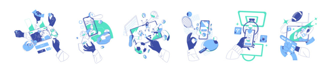Concept of sports betting. Set of hands with gambling online at smartphone. People play fortune games, wagering on competitions by bookmaker app. Flat isolated outline vector illustrations on white
