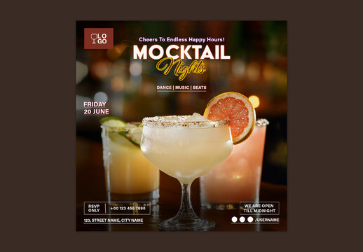 Editable Mocktail Night Event Flyer & Social Media Post Template &ndash; Dance & Beats Bar Promotion PSD Design.