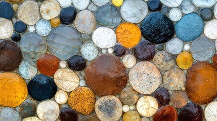 Close-up of a group of small, round pebbles or stones arranged in a mosaic-like pattern. the stones are of different sizes and colors, including shades of blue, white, gray, orange, brown, and black.