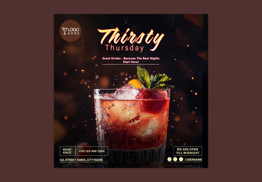 Editable Thirsty Thursday Social Media Post Template &ndash; Bar Night Cocktail Flyer with Ice Drink and Party Lights &ndash; PSD Format