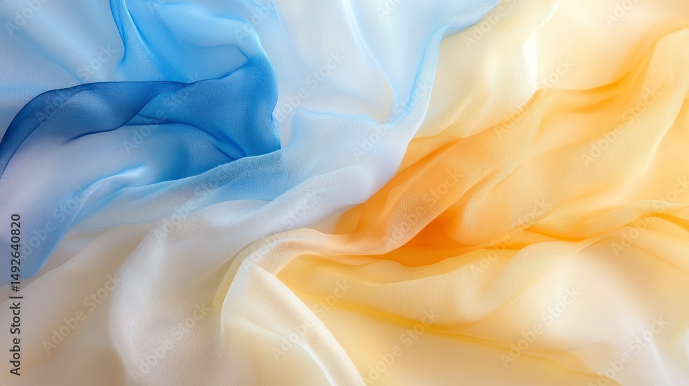 Poster abstract image of blue, yellow, and white fabric with soft folds and texture.