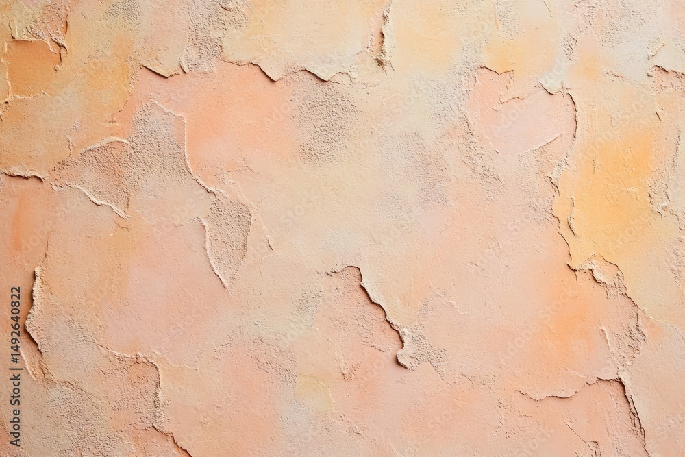 Poster close-up of a weathered and peeling orange wall. showcasing cracks and patches of exposed surface. i