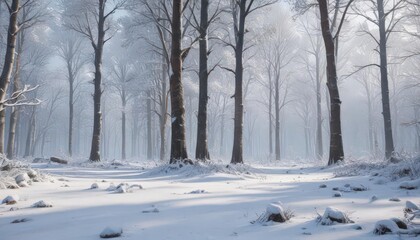 Obraz premium Frozen forest scene, snow-covered trees and ground , background, hoarfrost