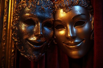 Two ornate theatrical masks, gold and silver, against a rich red backdrop