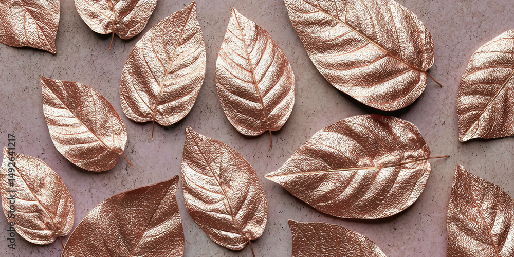 Poster rose gold leaves arranged on a textured background, creating an elegant and luxurious aesthetic, ide