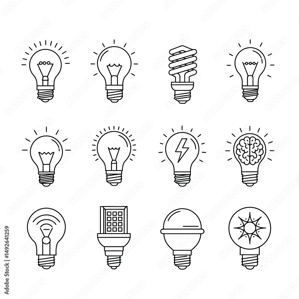 Poster collection of twelve minimal black and white light bulb icons on a white background design element