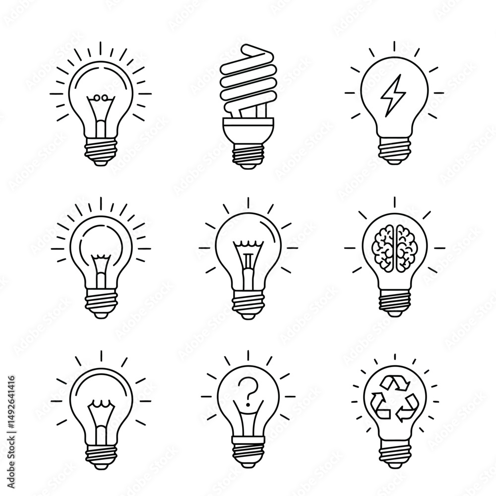 Poster collection of nine light bulb line art illustrations with various design elements inside of them