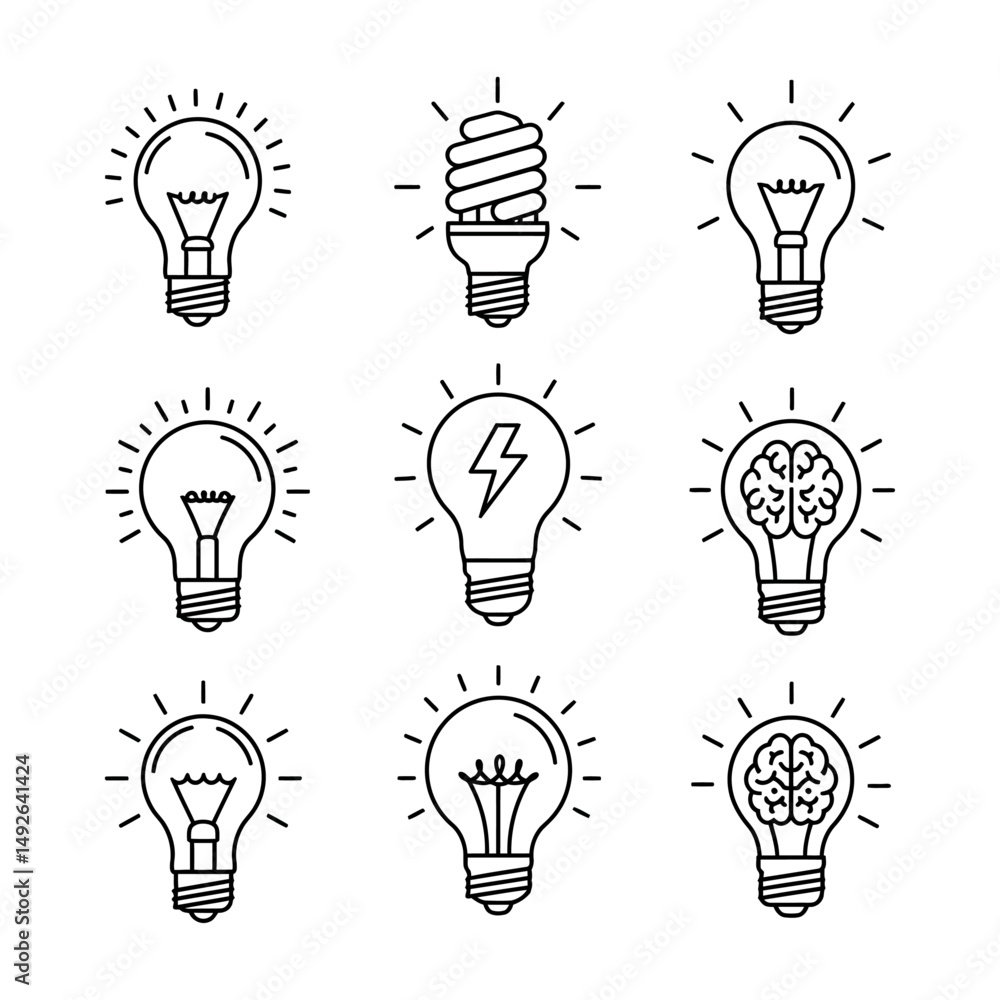 Aufkleber a set of nine light bulb icons with different designs in black outline on a white background design 