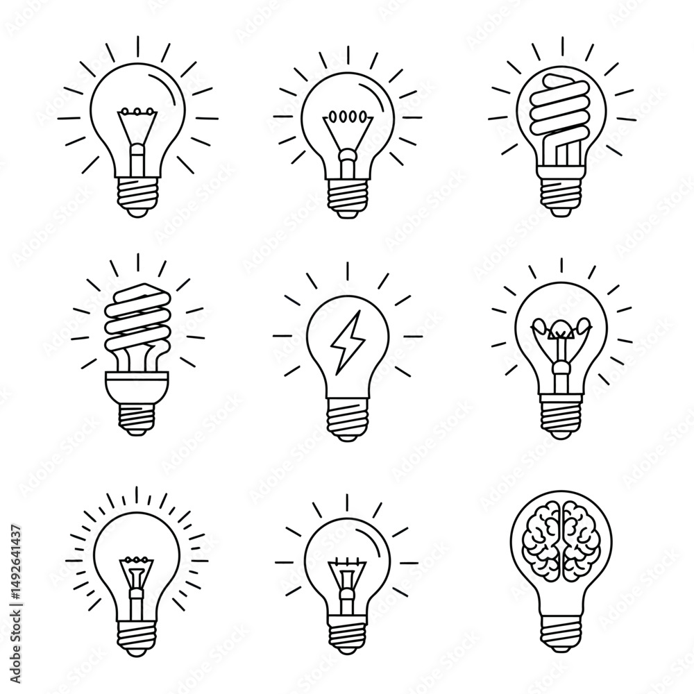 Poster assorted outline light bulb icons with different designs and radiating light rays on a white backgro